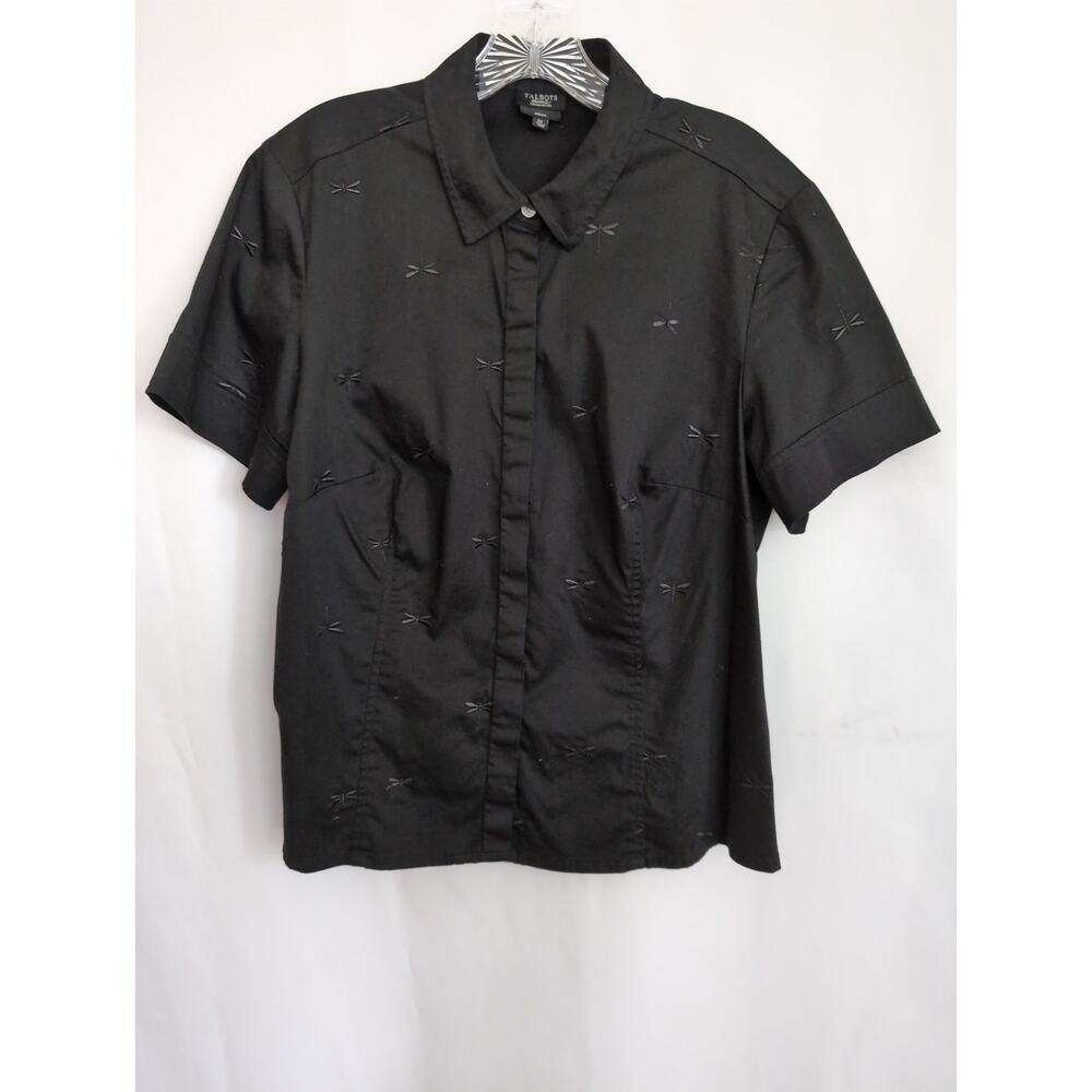 Talbots Woman Petites Stretch Dragonfly Embroidered Black Shirt. Size 1X
